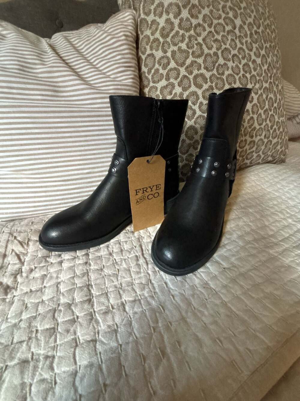 Frye and Co. Conley Black Harness Ankle Boots Studded Moto Biker Size 8.5